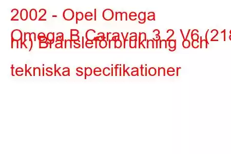 2002 - Opel Omega
Omega B Caravan 3.2 V6 (218 hk) Bränsleförbrukning och tekniska specifikationer