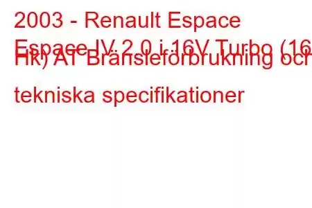 2003 - Renault Espace
Espace IV 2.0 i 16V Turbo (165 Hk) AT Bränsleförbrukning och tekniska specifikationer