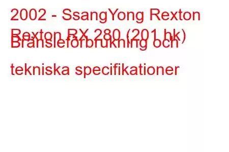 2002 - SsangYong Rexton
Rexton RX 280 (201 hk) Bränsleförbrukning och tekniska specifikationer