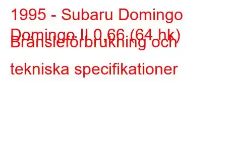 1995 - Subaru Domingo
Domingo II 0,66 (64 hk) Bränsleförbrukning och tekniska specifikationer