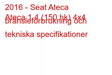 2016 - Seat Ateca
Ateca 1.4 (150 hk) 4x4 bränsleförbrukning och tekniska specifikationer