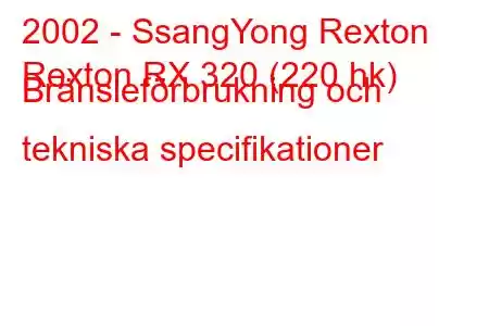 2002 - SsangYong Rexton
Rexton RX 320 (220 hk) Bränsleförbrukning och tekniska specifikationer