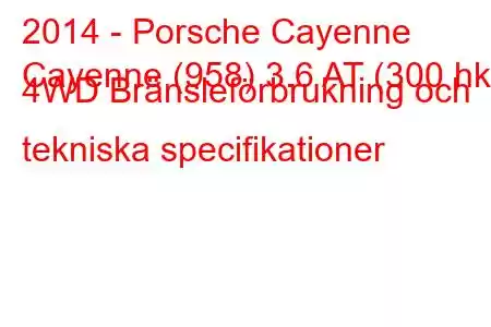 2014 - Porsche Cayenne
Cayenne (958) 3.6 AT (300 hk) 4WD Bränsleförbrukning och tekniska specifikationer