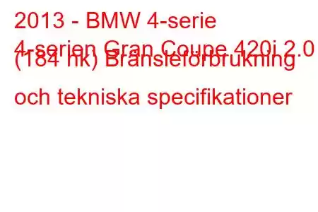 2013 - BMW 4-serie
4-serien Gran Coupe 420i 2.0 (184 hk) Bränsleförbrukning och tekniska specifikationer