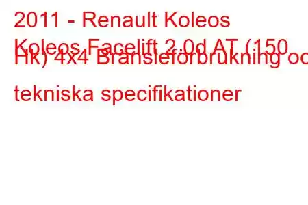 2011 - Renault Koleos
Koleos Facelift 2.0d AT (150 Hk) 4x4 Bränsleförbrukning och tekniska specifikationer