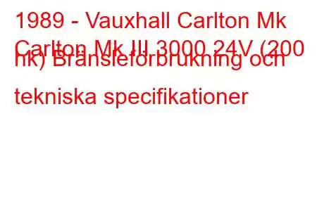 1989 - Vauxhall Carlton Mk
Carlton Mk III 3000 24V (200 hk) Bränsleförbrukning och tekniska specifikationer