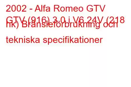 2002 - Alfa Romeo GTV
GTV (916) 3.0 i V6 24V (218 hk) Bränsleförbrukning och tekniska specifikationer