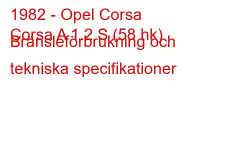 1982 - Opel Corsa
Corsa A 1.2 S (58 hk) Bränsleförbrukning och tekniska specifikationer