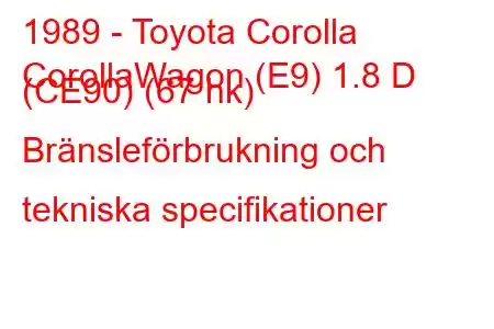 1989 - Toyota Corolla
CorollaWagon (E9) 1.8 D (CE90) (67 hk) Bränsleförbrukning och tekniska specifikationer