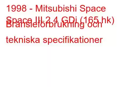 1998 - Mitsubishi Space
Space III 2.4 GDi (165 hk) Bränsleförbrukning och tekniska specifikationer