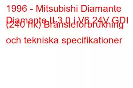 1996 - Mitsubishi Diamante
Diamante II 3.0 i V6 24V GDI (240 hk) Bränsleförbrukning och tekniska specifikationer