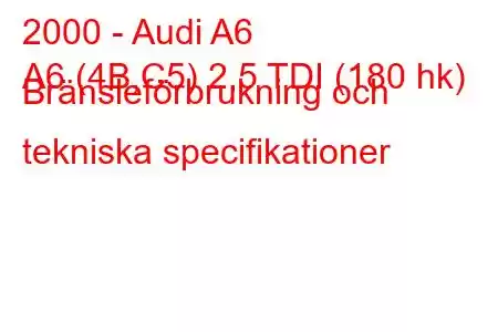 2000 - Audi A6
A6 (4B,C5) 2,5 TDI (180 hk) Bränsleförbrukning och tekniska specifikationer