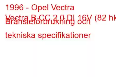 1996 - Opel Vectra
Vectra B CC 2.0 DI 16V (82 hk) Bränsleförbrukning och tekniska specifikationer