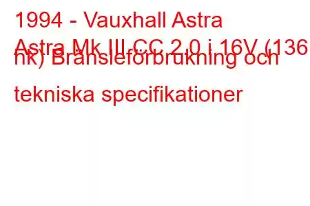 1994 - Vauxhall Astra
Astra Mk III CC 2.0 i 16V (136 hk) Bränsleförbrukning och tekniska specifikationer