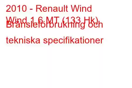 2010 - Renault Wind
Wind 1,6 MT (133 Hk) Bränsleförbrukning och tekniska specifikationer