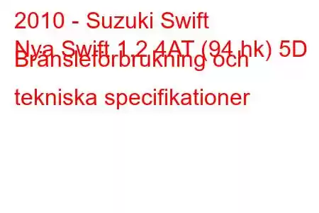 2010 - Suzuki Swift
Nya Swift 1.2 4AT (94 hk) 5D Bränsleförbrukning och tekniska specifikationer