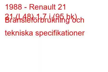 1988 - Renault 21
21 (L48) 1,7 i (95 hk) Bränsleförbrukning och tekniska specifikationer