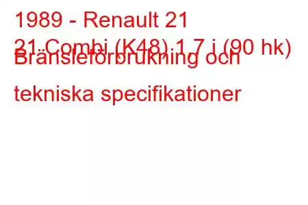 1989 - Renault 21
21 Combi (K48) 1,7 i (90 hk) Bränsleförbrukning och tekniska specifikationer