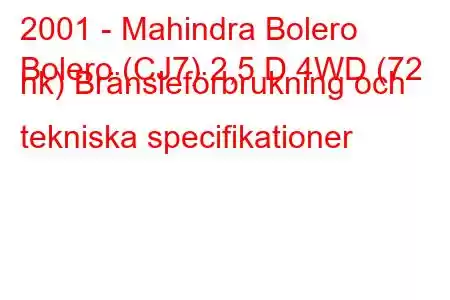 2001 - Mahindra Bolero
Bolero (CJ7) 2,5 D 4WD (72 hk) Bränsleförbrukning och tekniska specifikationer