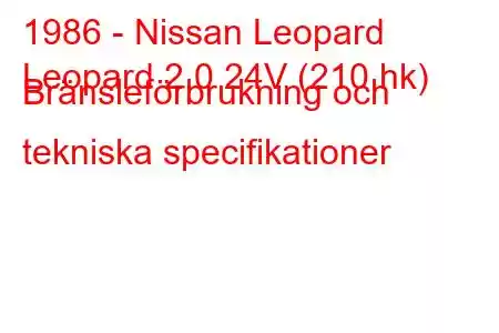 1986 - Nissan Leopard
Leopard 2.0 24V (210 hk) Bränsleförbrukning och tekniska specifikationer