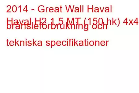 2014 - Great Wall Haval
Haval H2 1,5 MT (150 hk) 4x4 bränsleförbrukning och tekniska specifikationer