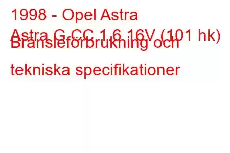 1998 - Opel Astra
Astra G CC 1.6 16V (101 hk) Bränsleförbrukning och tekniska specifikationer