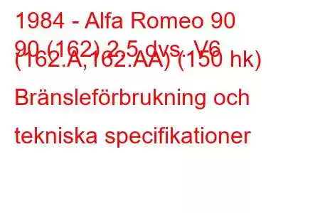 1984 - Alfa Romeo 90
90 (162) 2,5 dvs. V6 (162.A,162.AA) (150 hk) Bränsleförbrukning och tekniska specifikationer