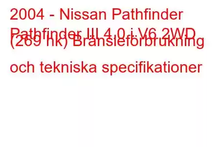 2004 - Nissan Pathfinder
Pathfinder III 4.0 i V6 2WD (269 hk) Bränsleförbrukning och tekniska specifikationer