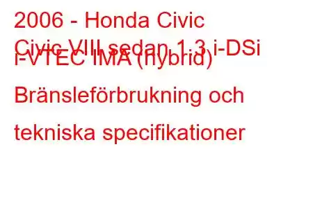 2006 - Honda Civic
Civic VIII sedan 1.3 i-DSi i-VTEC IMA (hybrid) Bränsleförbrukning och tekniska specifikationer