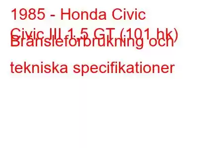 1985 - Honda Civic
Civic III 1,5 GT (101 hk) Bränsleförbrukning och tekniska specifikationer