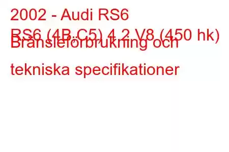 2002 - Audi RS6
RS6 (4B,C5) 4.2 V8 (450 hk) Bränsleförbrukning och tekniska specifikationer