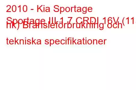 2010 - Kia Sportage
Sportage III 1.7 CRDI 16V (115 hk) Bränsleförbrukning och tekniska specifikationer