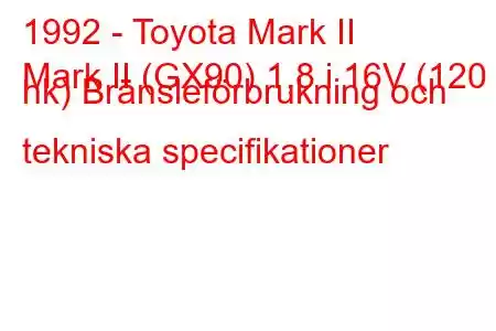 1992 - Toyota Mark II
Mark II (GX90) 1,8 i 16V (120 hk) Bränsleförbrukning och tekniska specifikationer