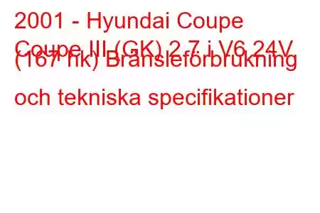 2001 - Hyundai Coupe
Coupe III (GK) 2.7 i V6 24V (167 hk) Bränsleförbrukning och tekniska specifikationer