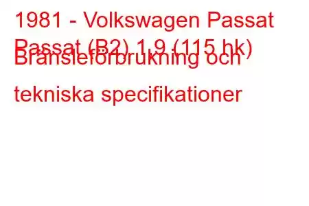 1981 - Volkswagen Passat
Passat (B2) 1,9 (115 hk) Bränsleförbrukning och tekniska specifikationer