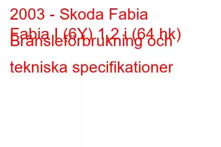 2003 - Skoda Fabia
Fabia I (6Y) 1,2 i (64 hk) Bränsleförbrukning och tekniska specifikationer