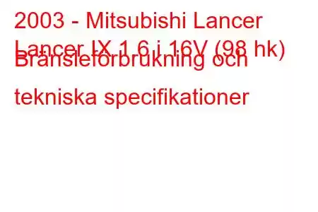 2003 - Mitsubishi Lancer
Lancer IX 1.6 i 16V (98 hk) Bränsleförbrukning och tekniska specifikationer