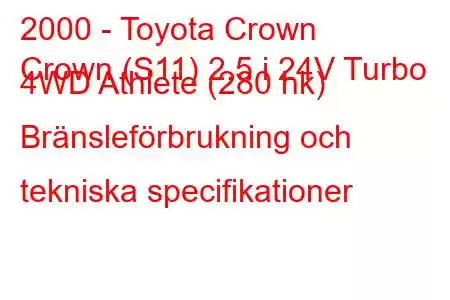 2000 - Toyota Crown
Crown (S11) 2,5 i 24V Turbo 4WD Athlete (280 hk) Bränsleförbrukning och tekniska specifikationer