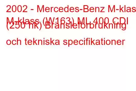 2002 - Mercedes-Benz M-klass
M-klass (W163) ML 400 CDI (250 hk) Bränsleförbrukning och tekniska specifikationer