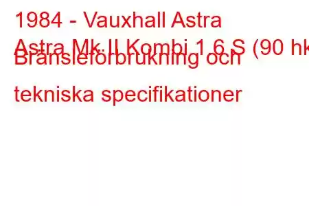 1984 - Vauxhall Astra
Astra Mk II Kombi 1.6 S (90 hk) Bränsleförbrukning och tekniska specifikationer