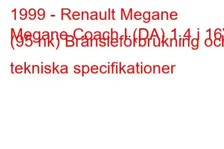 1999 - Renault Megane
Megane Coach I (DA) 1.4 i 16V (95 hk) Bränsleförbrukning och tekniska specifikationer