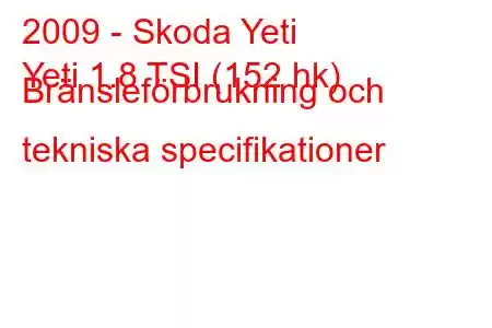 2009 - Skoda Yeti
Yeti 1.8 TSI (152 hk) Bränsleförbrukning och tekniska specifikationer