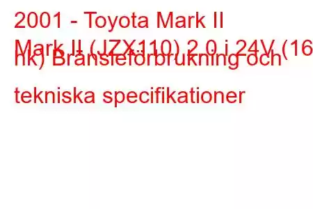 2001 - Toyota Mark II
Mark II (JZX110) 2.0 i 24V (160 hk) Bränsleförbrukning och tekniska specifikationer