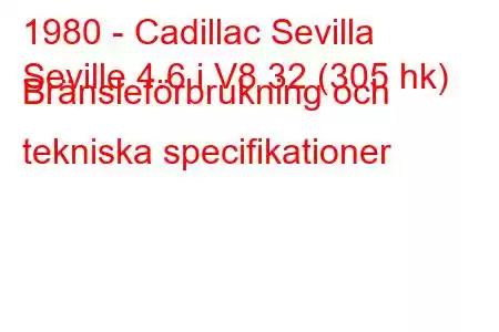 1980 - Cadillac Sevilla
Seville 4.6 i V8 32 (305 hk) Bränsleförbrukning och tekniska specifikationer