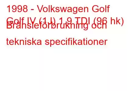 1998 - Volkswagen Golf
Golf IV (1J) 1.9 TDI (96 hk) Bränsleförbrukning och tekniska specifikationer