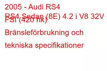 2005 - Audi RS4
RS4 Sedan (8E) 4.2 i V8 32V FSI (420 hk) Bränsleförbrukning och tekniska specifikationer