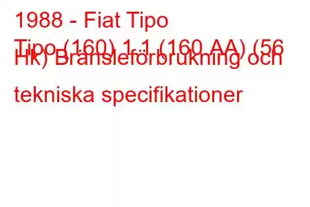 1988 - Fiat Tipo
Tipo (160) 1.1 (160.AA) (56 Hk) Bränsleförbrukning och tekniska specifikationer