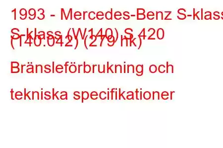 1993 - Mercedes-Benz S-klass
S-klass (W140) S 420 (140.042) (279 hk) Bränsleförbrukning och tekniska specifikationer