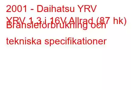 2001 - Daihatsu YRV
YRV 1.3 i 16V Allrad (87 hk) Bränsleförbrukning och tekniska specifikationer