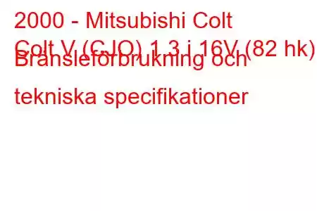 2000 - Mitsubishi Colt
Colt V (CJO) 1,3 i 16V (82 hk) Bränsleförbrukning och tekniska specifikationer